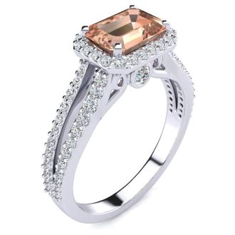 1-1/3 Carat Antique Morganite and Halo Diamond Ring In 14 Karat White Gold