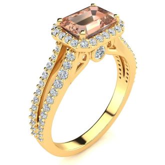 1-1/3 Carat Antique Morganite and Halo Diamond Ring In 14 Karat Yellow Gold