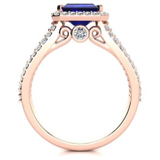 1 1/2 Carat Antique Sapphire and Halo Diamond Ring In 14 Karat Rose Gold
