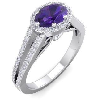 1 Carat Oval Shape Antique Amethyst and Halo Diamond Ring In 14 Karat White Gold