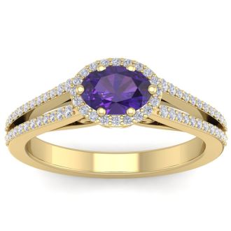 1 Carat Oval Shape Antique Amethyst and Halo Diamond Ring In 14 Karat Yellow Gold