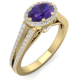 1 Carat Oval Shape Antique Amethyst and Halo Diamond Ring In 14 Karat Yellow Gold