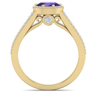 1 Carat Oval Shape Antique Amethyst and Halo Diamond Ring In 14 Karat Yellow Gold
