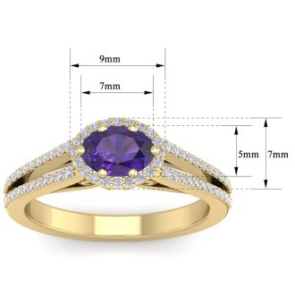 1 Carat Oval Shape Antique Amethyst and Halo Diamond Ring In 14 Karat Yellow Gold