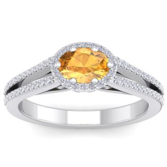 1 1/4 Carat Oval Shape Antique Citrine and Halo Diamond Ring In 14 Karat White Gold