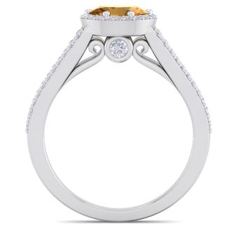 1 1/4 Carat Oval Shape Antique Citrine and Halo Diamond Ring In 14 Karat White Gold