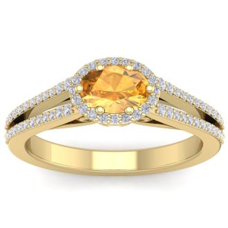 1 1/4 Carat Oval Shape Antique Citrine and Halo Diamond Ring In 14 Karat Yellow Gold