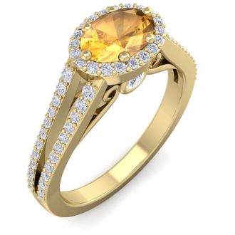 1 1/4 Carat Oval Shape Antique Citrine and Halo Diamond Ring In 14 Karat Yellow Gold