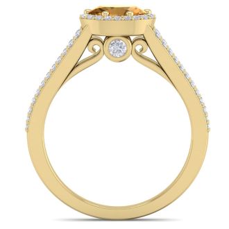 1 1/4 Carat Oval Shape Antique Citrine and Halo Diamond Ring In 14 Karat Yellow Gold