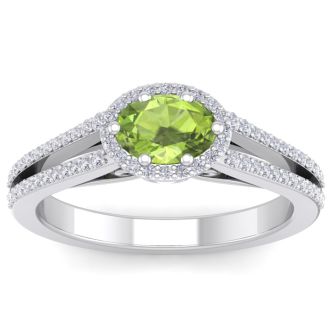 1 1/3 Carat Oval Shape Antique Peridot and Halo Diamond Ring In 14 Karat White Gold