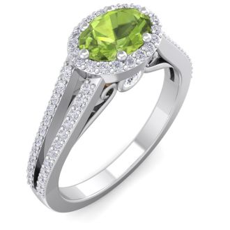 1 1/3 Carat Oval Shape Antique Peridot and Halo Diamond Ring In 14 Karat White Gold