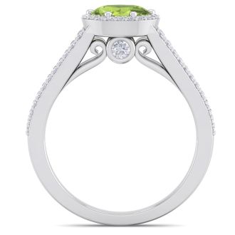1 1/3 Carat Oval Shape Antique Peridot and Halo Diamond Ring In 14 Karat White Gold