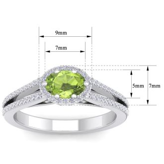 1 1/3 Carat Oval Shape Antique Peridot and Halo Diamond Ring In 14 Karat White Gold