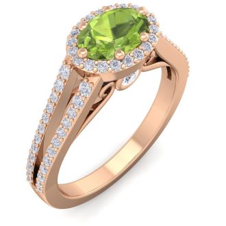 1 1/3 Carat Oval Shape Antique Peridot and Halo Diamond Ring In 14 Karat Rose Gold