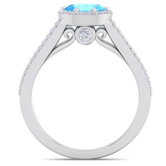 1 1/2 Carat Oval Shape Antique Blue Topaz and Halo Diamond Ring In 14 Karat White Gold