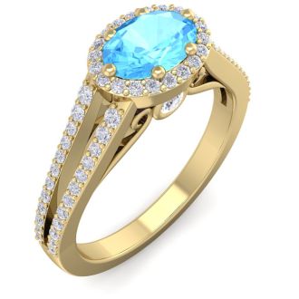 1 1/2 Carat Oval Shape Antique Blue Topaz and Halo Diamond Ring In 14 Karat Yellow Gold