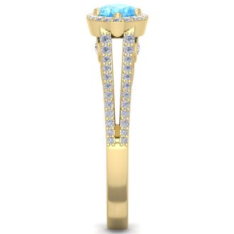 1 1/2 Carat Oval Shape Antique Blue Topaz and Halo Diamond Ring In 14 Karat Yellow Gold