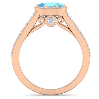1 1/2 Carat Oval Shape Antique Blue Topaz and Halo Diamond Ring In 14 Karat Rose Gold