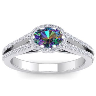 1 Carat Oval Shape Mystic Topaz Ring With Diamond Halo In 14 Karat White Gold