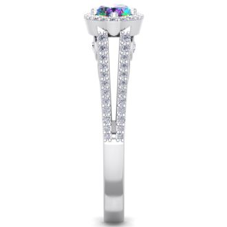 1 Carat Oval Shape Mystic Topaz Ring With Diamond Halo In 14 Karat White Gold