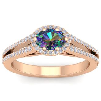 1 Carat Oval Shape Mystic Topaz Ring With Diamond Halo In 14 Karat Rose Gold