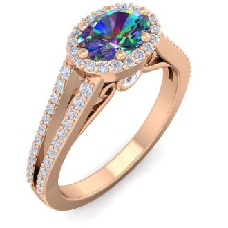 1 Carat Oval Shape Mystic Topaz Ring With Diamond Halo In 14 Karat Rose Gold