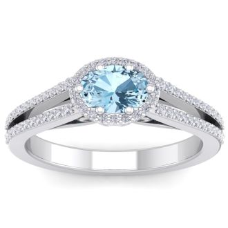 Aquamarine Ring: Aquamarine Jewelry: 1 1/4 Carat Oval Shape Antique Aquamarine and Halo Diamond Ring In 14 Karat White Gold