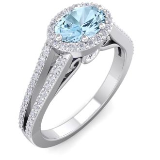 Aquamarine Ring: Aquamarine Jewelry: 1 1/4 Carat Oval Shape Antique Aquamarine and Halo Diamond Ring In 14 Karat White Gold