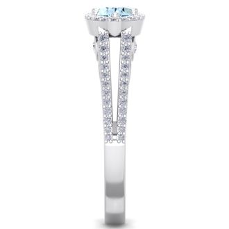 Aquamarine Ring: Aquamarine Jewelry: 1 1/4 Carat Oval Shape Antique Aquamarine and Halo Diamond Ring In 14 Karat White Gold