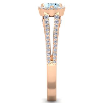 Aquamarine Ring: Aquamarine Jewelry: 1 1/4 Carat Oval Shape Antique Aquamarine and Halo Diamond Ring In 14 Karat Rose Gold
