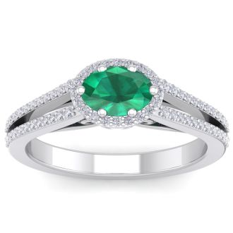 1 1/4 Carat Oval Shape Antique Emerald and Halo Diamond Ring In 14 Karat White Gold