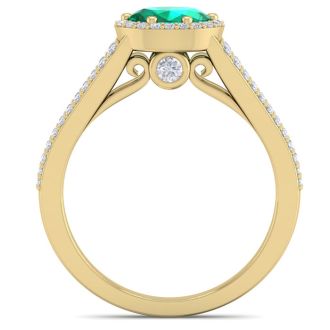 1 1/4 Carat Oval Shape Antique Emerald and Halo Diamond Ring In 14 Karat Yellow Gold