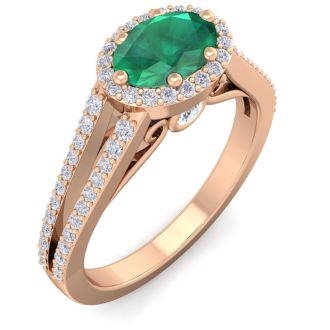 1 1/4 Carat Oval Shape Antique Emerald and Halo Diamond Ring In 14 Karat Rose Gold