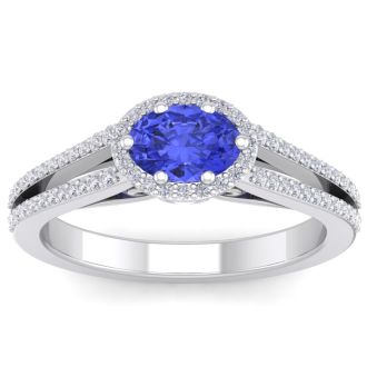 1 1/3 Carat Oval Shape Antique Tanzanite and Halo Diamond Ring In 14 Karat White Gold