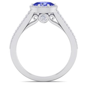 1 1/3 Carat Oval Shape Antique Tanzanite and Halo Diamond Ring In 14 Karat White Gold