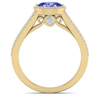 1 1/3 Carat Oval Shape Antique Tanzanite and Halo Diamond Ring In 14 Karat Yellow Gold