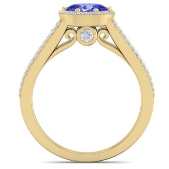 1 1/3 Carat Oval Shape Antique Tanzanite and Halo Diamond Ring In 14 Karat Yellow Gold