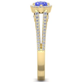 1 1/3 Carat Oval Shape Antique Tanzanite and Halo Diamond Ring In 14 Karat Yellow Gold