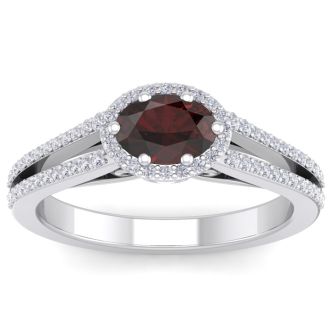 Garnet Ring: Garnet Jewelry: 1 1/2 Carat Oval Shape Antique Garnet and Halo Diamond Ring In 14 Karat White Gold