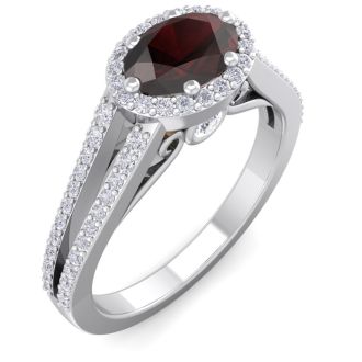 Garnet Ring: Garnet Jewelry: 1 1/2 Carat Oval Shape Antique Garnet and Halo Diamond Ring In 14 Karat White Gold