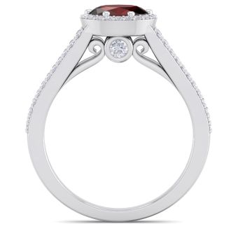Garnet Ring: Garnet Jewelry: 1 1/2 Carat Oval Shape Antique Garnet and Halo Diamond Ring In 14 Karat White Gold