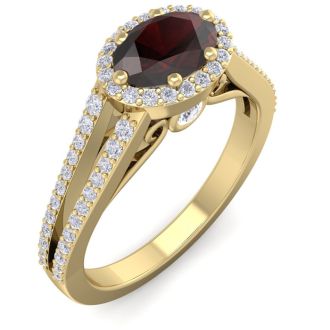Garnet Ring: Garnet Jewelry: 1 1/2 Carat Oval Shape Antique Garnet and Halo Diamond Ring In 14 Karat Yellow Gold