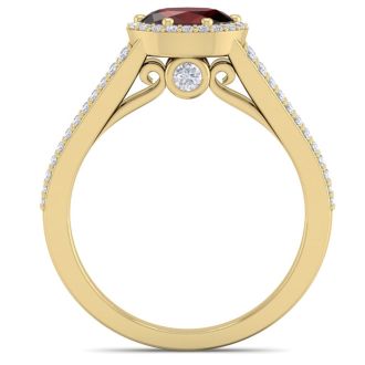 Garnet Ring: Garnet Jewelry: 1 1/2 Carat Oval Shape Antique Garnet and Halo Diamond Ring In 14 Karat Yellow Gold