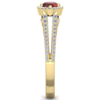 Garnet Ring: Garnet Jewelry: 1 1/2 Carat Oval Shape Antique Garnet and Halo Diamond Ring In 14 Karat Yellow Gold