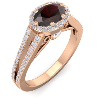 Garnet Ring: Garnet Jewelry: 1 1/2 Carat Oval Shape Antique Garnet and Halo Diamond Ring In 14 Karat Rose Gold