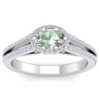 1 Carat Oval Shape Antique Green Amethyst and Halo Diamond Ring In 14 Karat White Gold