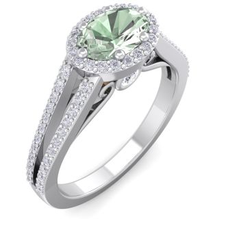 1 Carat Oval Shape Antique Green Amethyst and Halo Diamond Ring In 14 Karat White Gold