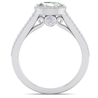 1 Carat Oval Shape Antique Green Amethyst and Halo Diamond Ring In 14 Karat White Gold