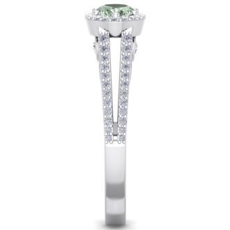1 Carat Oval Shape Antique Green Amethyst and Halo Diamond Ring In 14 Karat White Gold