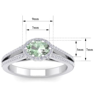 1 Carat Oval Shape Antique Green Amethyst and Halo Diamond Ring In 14 Karat White Gold